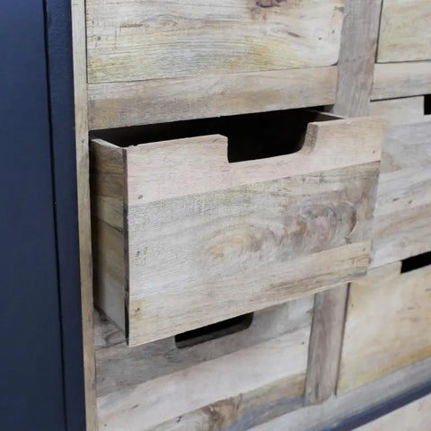 Reclaimed wood drawer with rustic weathered finish and natural grain patterns in jodhpur loft industrial sideboard cabinet mango wood