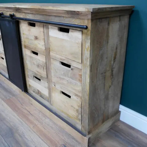 Reclaimed mango wood jodhpur loft industrial sideboard cabinet with black metal sliding doors and drawer pulls