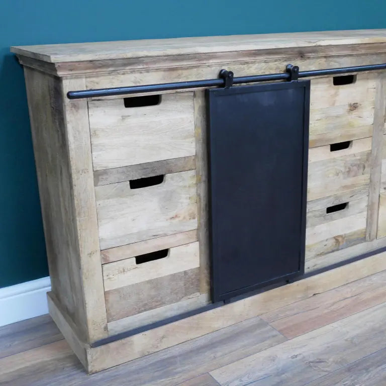 Jodhpur loft industrial sideboard cabinet with reclaimed mango wood sliding door and black metal hardware drawer fronts