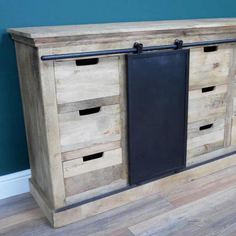 Jodhpur loft industrial sideboard cabinet with reclaimed mango wood sliding door and black metal hardware drawer fronts