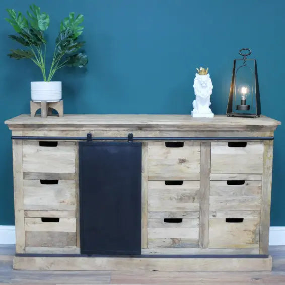 Jodhpur loft industrial sideboard cabinet in reclaimed mango wood with black sliding door and multiple drawers