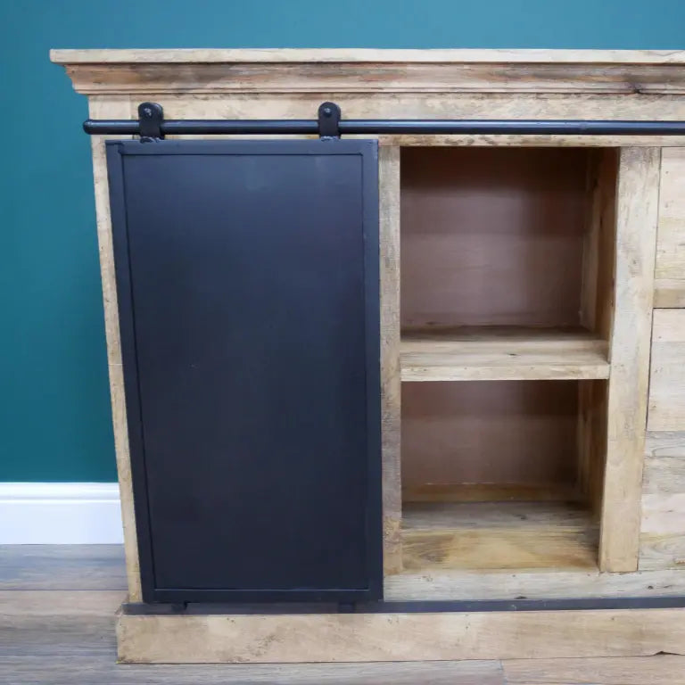 Black metal sliding door on rustic mango wood jodhpur loft industrial sideboard cabinet for stylish storage