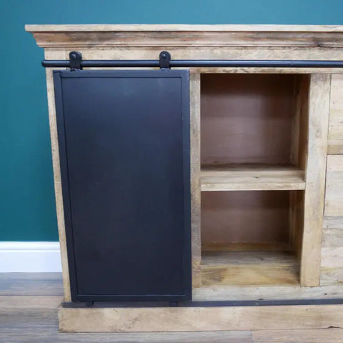 Black metal sliding door on rustic mango wood jodhpur loft industrial sideboard cabinet for stylish storage