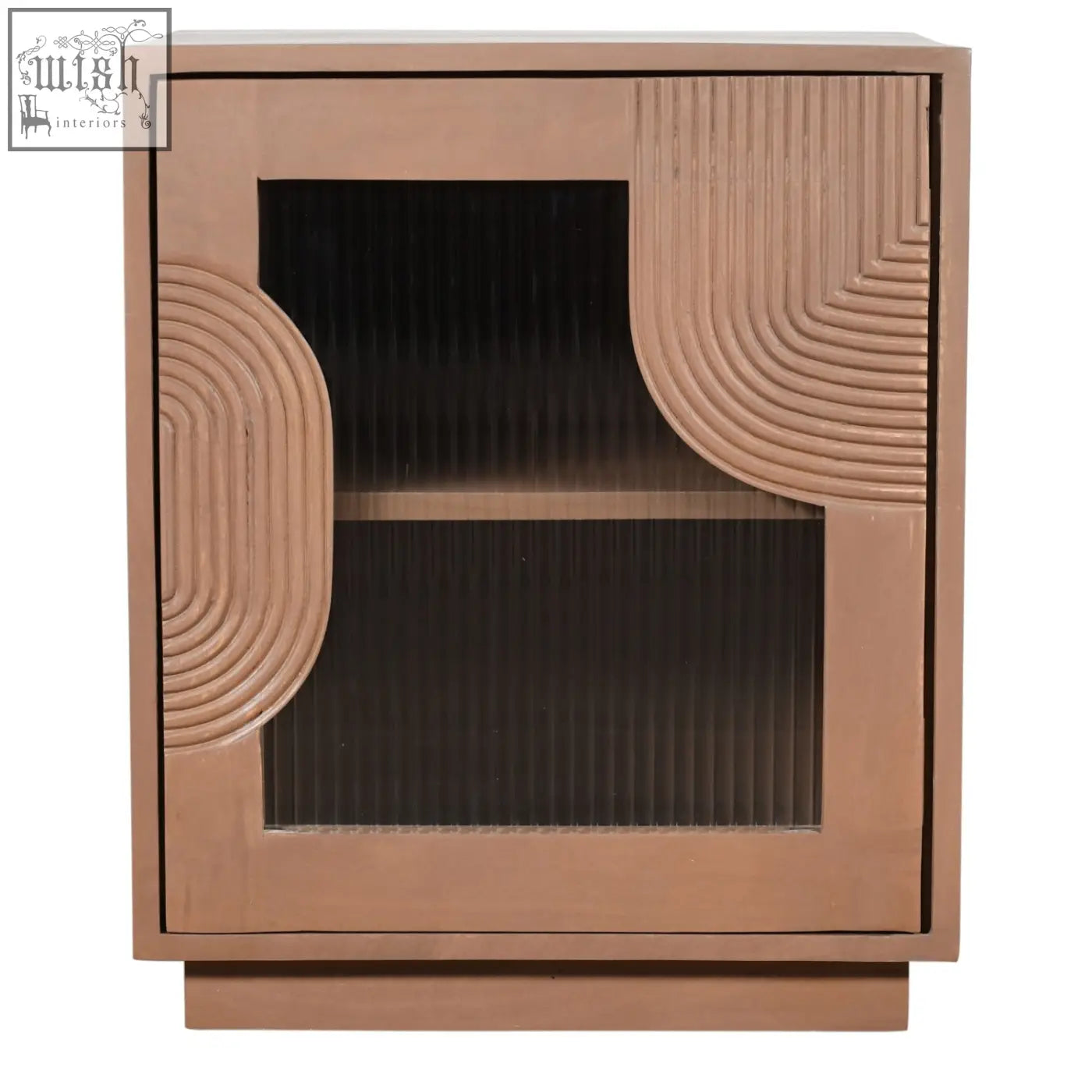 Jodhpur solid wood bedside table with copper-toned curved ribbed sides and pale taupe finish glass door vertical ridges