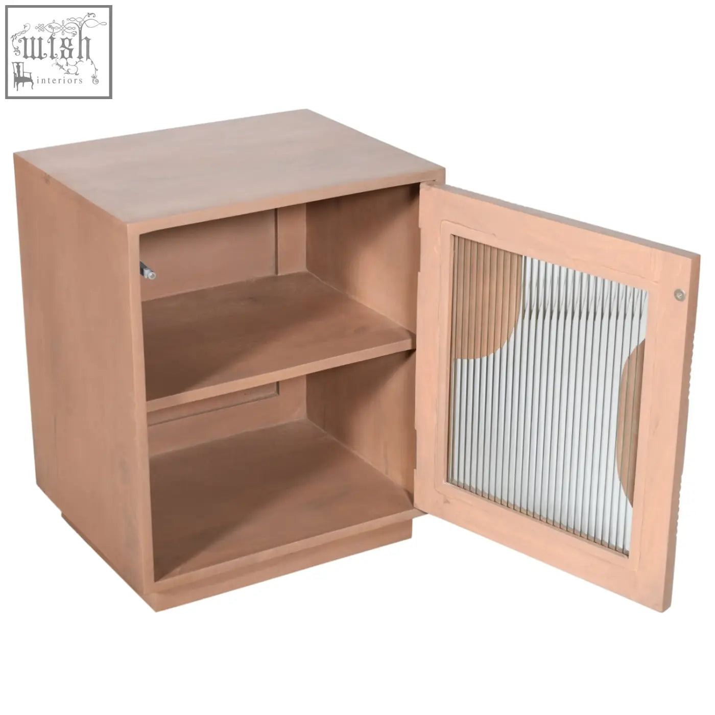 Light wood finished jodhpur solid wood bedside table with pale taupe finish and glass paneled door with shelves