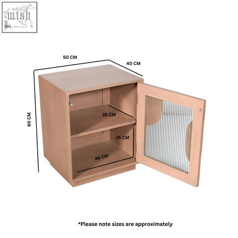 Light wood-finished jodhpur solid wood bedside table with pale taupe finish glass door and two adjustable shelves
