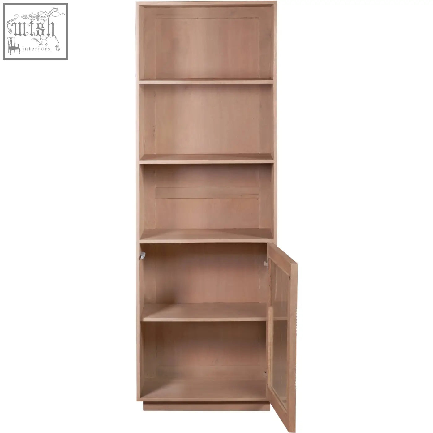 Light-colored jodhpur solid wood bookcase with glass door and open shelves perfect for storage and display