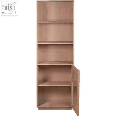 Light-colored jodhpur solid wood bookcase with glass door and open shelves perfect for storage and display