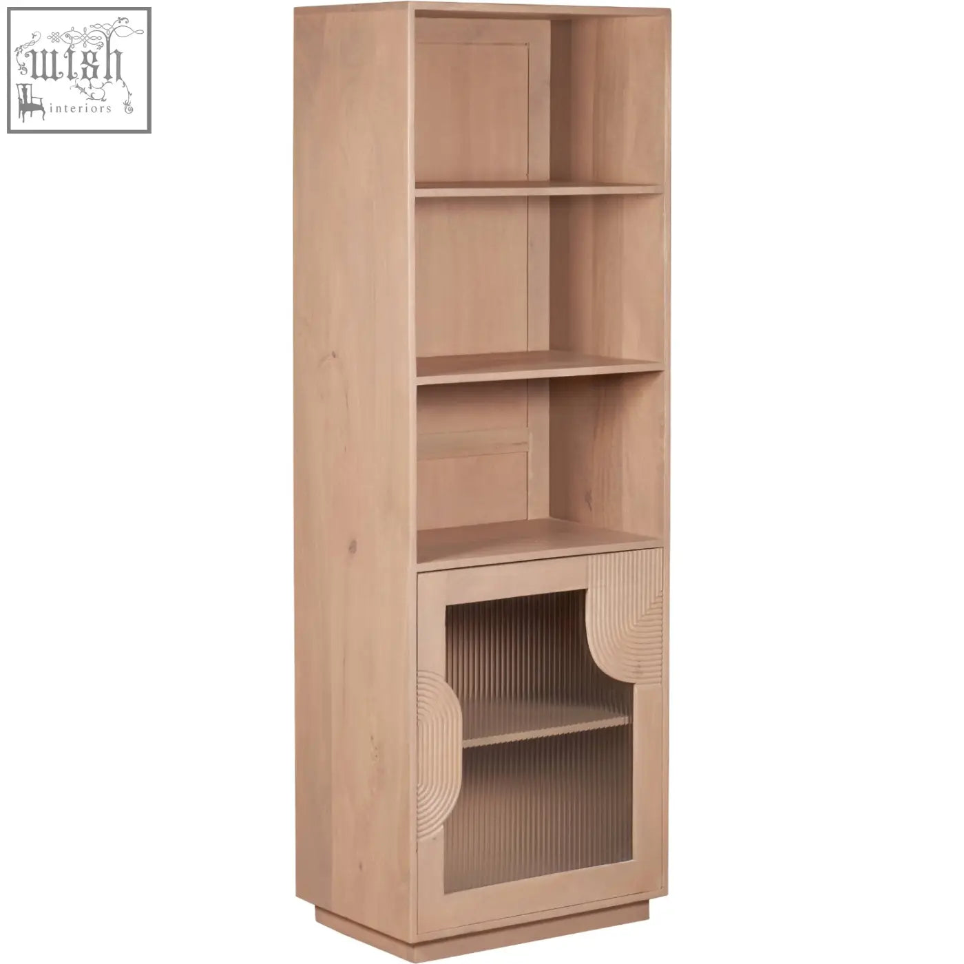 Light wood jodhpur solid wood bookcase with open shelves and glass front curved ribbed solid wood bookcase cabinet