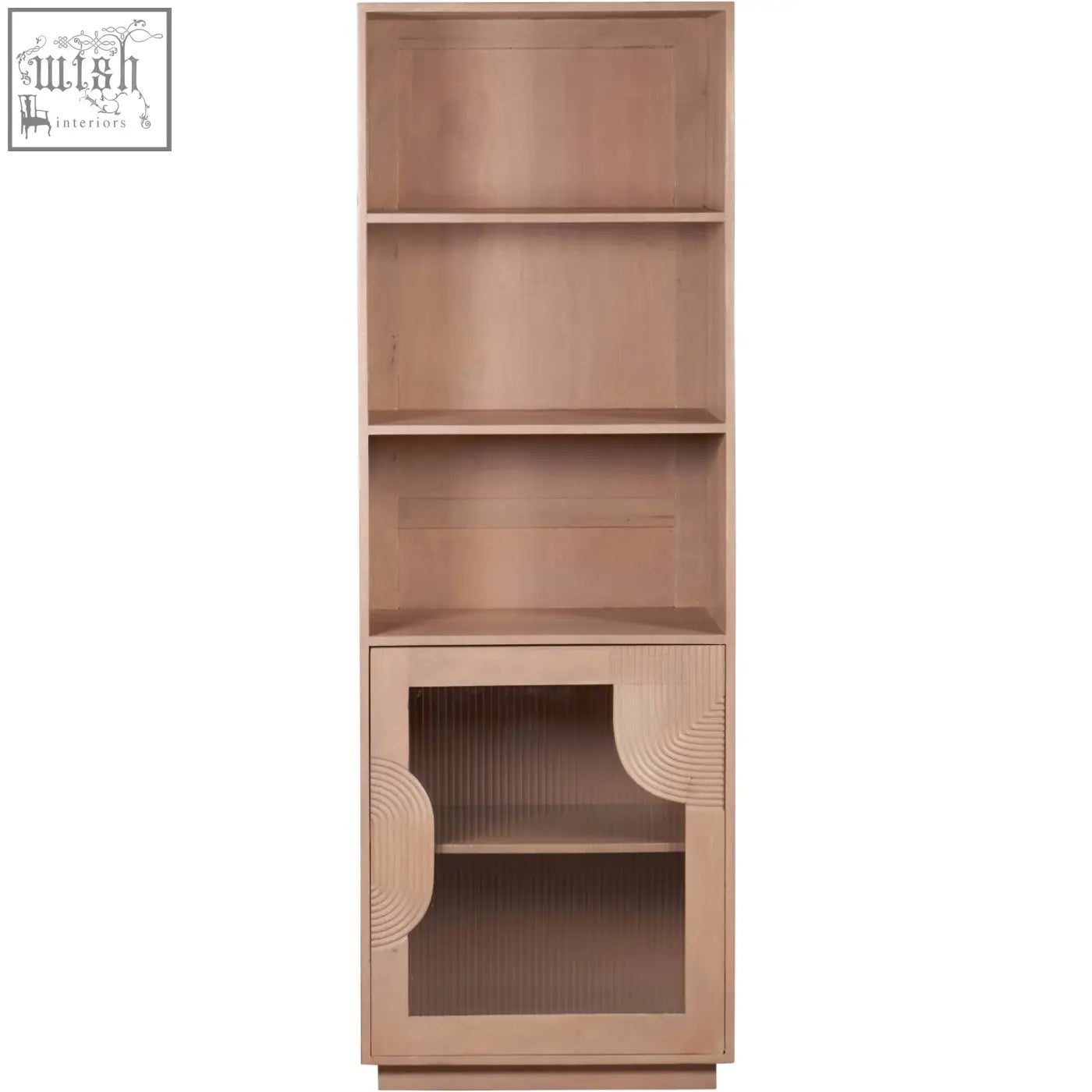 Light wood jodhpur solid wood bookcase with sleek modern design and curved geometric glass-fronted lower cabinet door