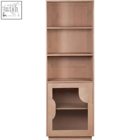 Light wood jodhpur solid wood bookcase with sleek modern design and curved geometric glass-fronted lower cabinet door