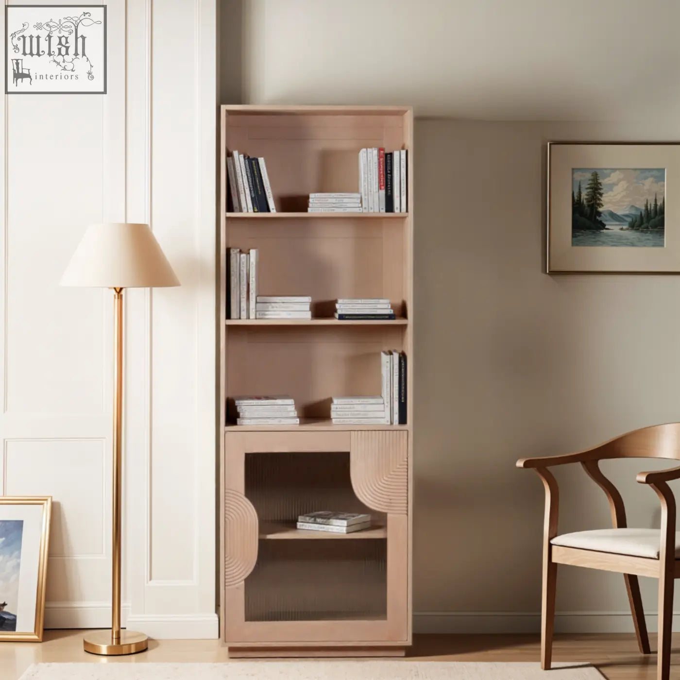 A modern blush pink jodhpur solid wood bookcase with sleek minimalist design and curved geometric patterns on lower section