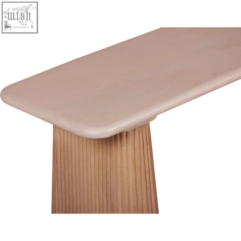 Beige marble-top table with a fluted wooden base paired with a jodhpur solid wood dining bench with slatted design