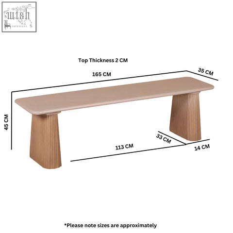 Modern minimalist jodhpur solid wood dining bench with smooth beige top and vertically ribbed slatted design legs