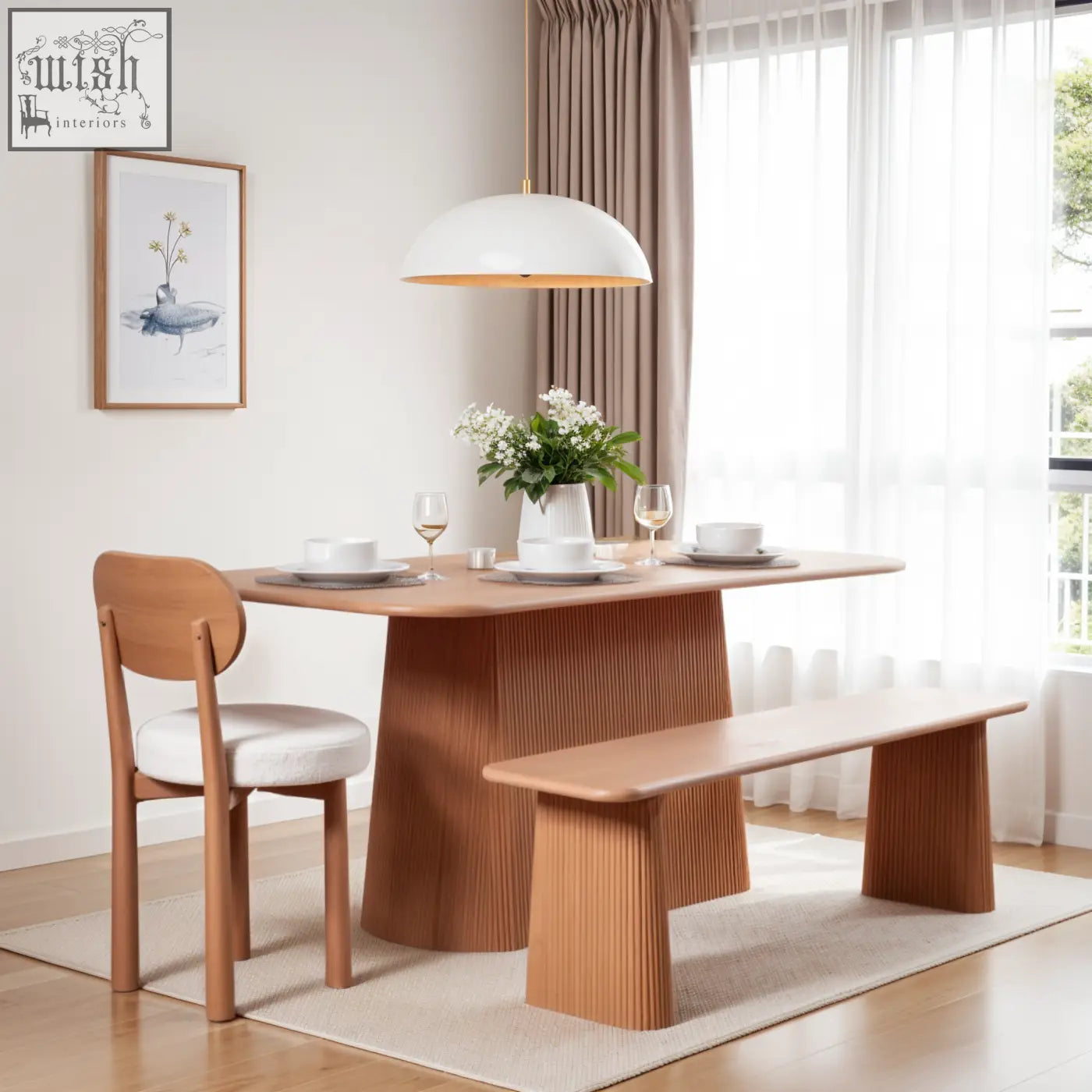 Modern jodhpur solid wood dining bench with a sleek ribbed base and slatted design wood dining bench