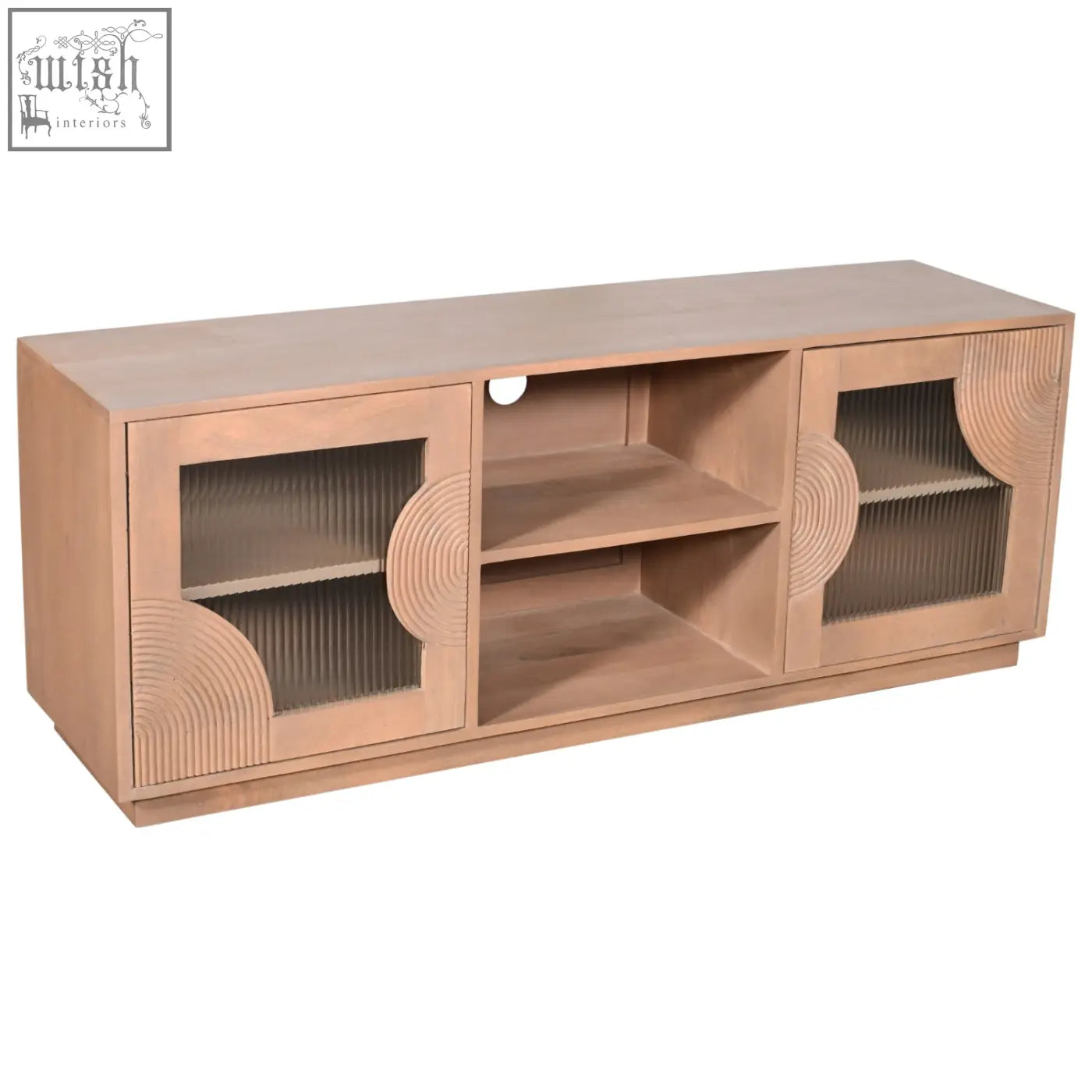 Jodhpur solid wood tv cabinet with pale taupe finish, fluted design, curved ribbed glass doors, and open shelving