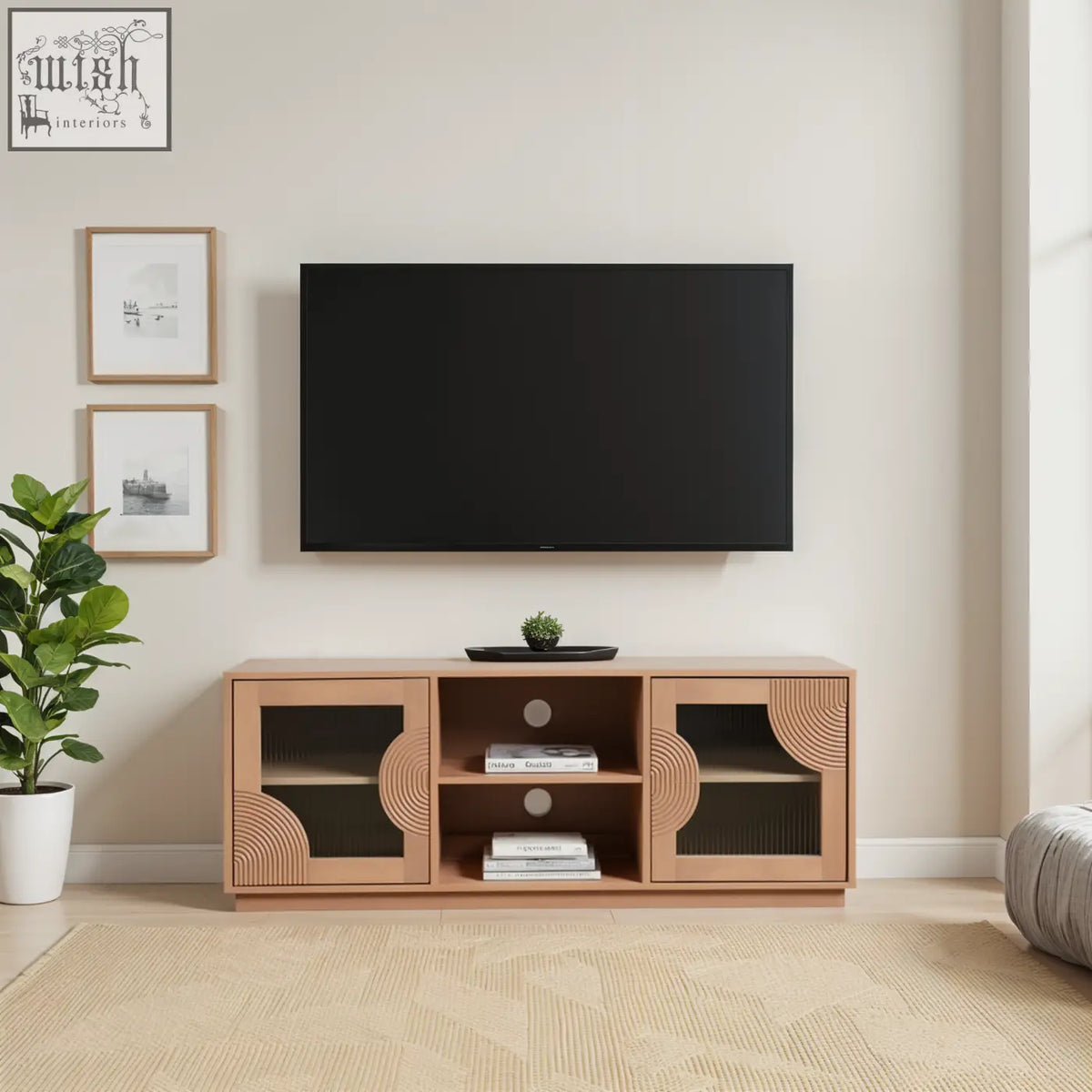 Modern jodhpur solid wood tv cabinet with pale taupe finish wood tv cabinet and curved fluted design doors