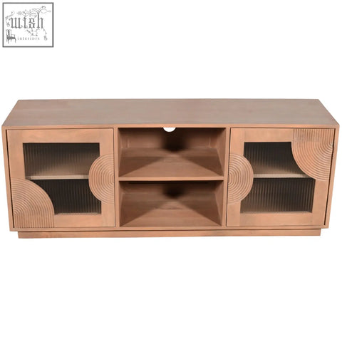 Modern jodhpur solid wood tv cabinet with pale taupe finish, curved fluted design, glass doors, and central open shelf