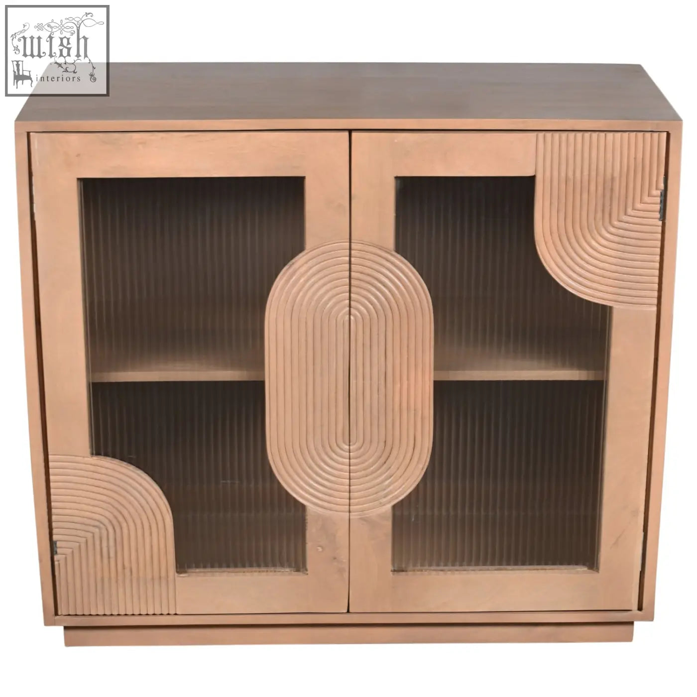 Jodhpur solid wooden small sideboard with bronze finish glass doors and curved fluted design panels in pale taupe finish