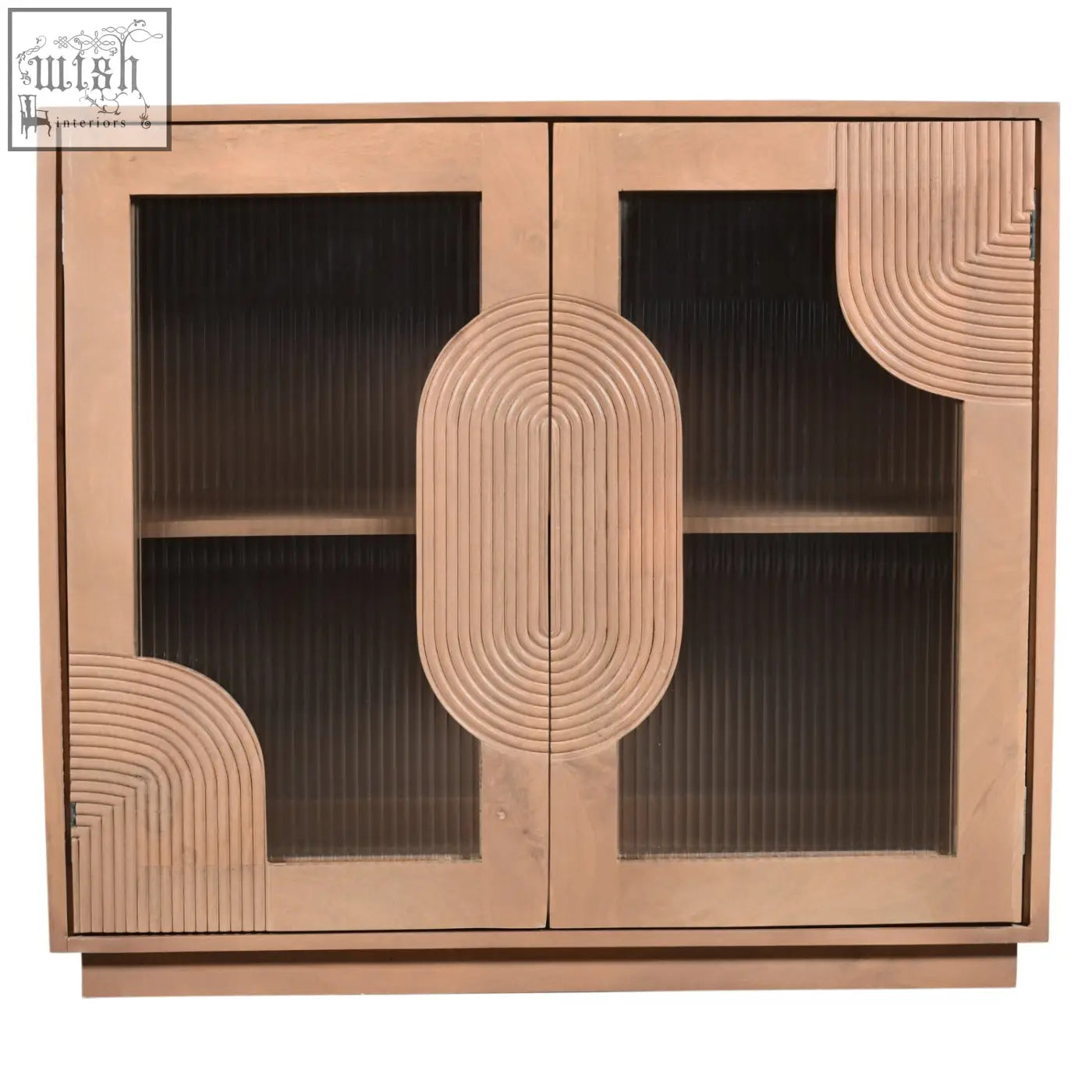 Copper-toned jodhpur solid wooden small sideboard with glass doors and curved fluted design patterns