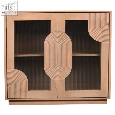 Copper-toned jodhpur solid wooden small sideboard with glass doors and curved fluted design patterns