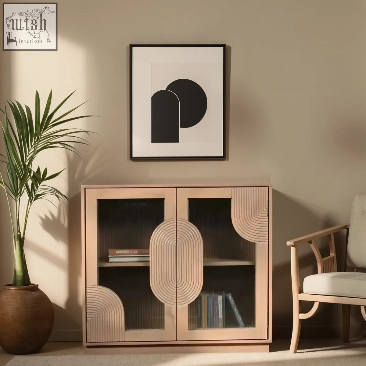Light wood jodhpur small sideboard with glass doors and fluted design panels in pale taupe finish