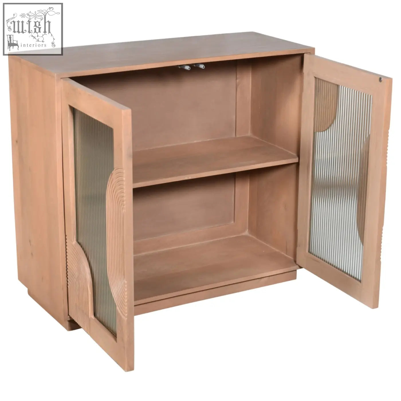 Jodhpur solid wooden small sideboard with light wood two-door cabinet, fluted design glass panels, and pale taupe finish