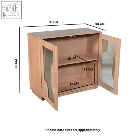 Light wood jodhpur solid wooden small sideboard with glass panels fluted design and pale taupe finish