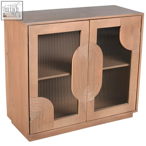 Modern wooden small sideboard with glass doors and fluted design in warm honey-toned finish perfect for storage