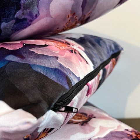 High quality jolanda floral velvet cushion with purple and pink floral pattern and black zipper for scatter cushions
