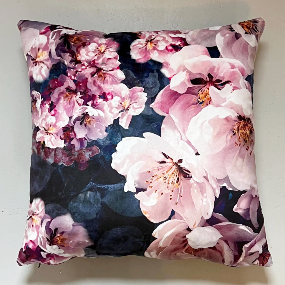 High quality jolanda floral velvet cushion with pink and white blossoms on deep navy square scatter cushion