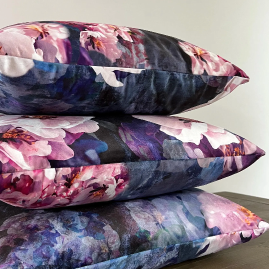 Stacked high quality jolanda floral velvet scatter cushions with lush pink purple and blue floral velvet cushion patterns