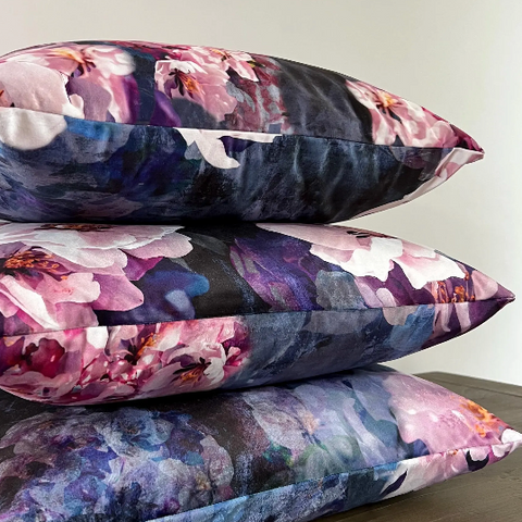 Stacked high quality jolanda floral velvet scatter cushions with lush pink purple and blue floral velvet cushion patterns