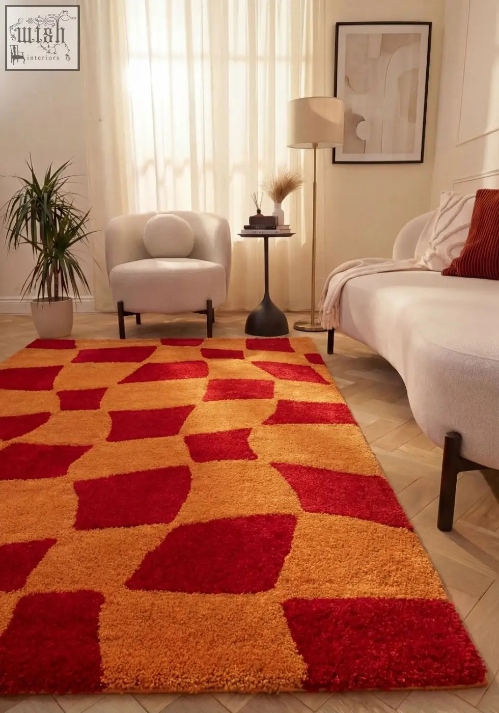 Vibrant red and orange geometric-patterned shag rug in joli checkered red design perfect for cozy living spaces