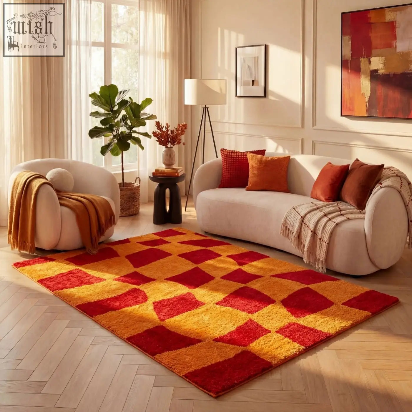 Vibrant red and orange geometric patterned shag rug featuring the joli checkered red design for cozy decor