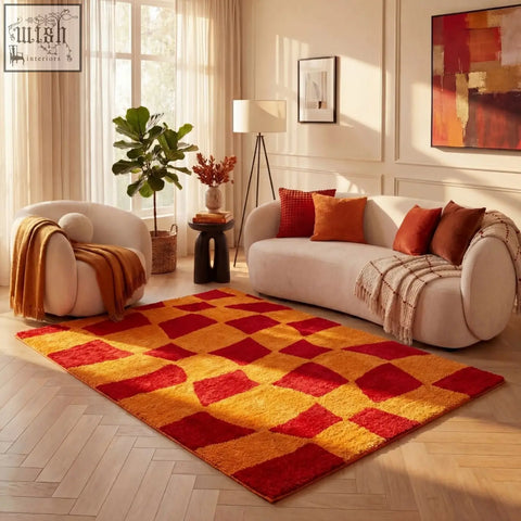 Vibrant red and orange geometric patterned shag rug featuring the joli checkered red design for cozy decor