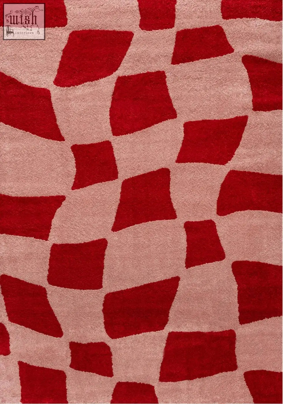 A plush joli checkered red area rug with bold overlapping deep red and soft pink squares in a modern design
