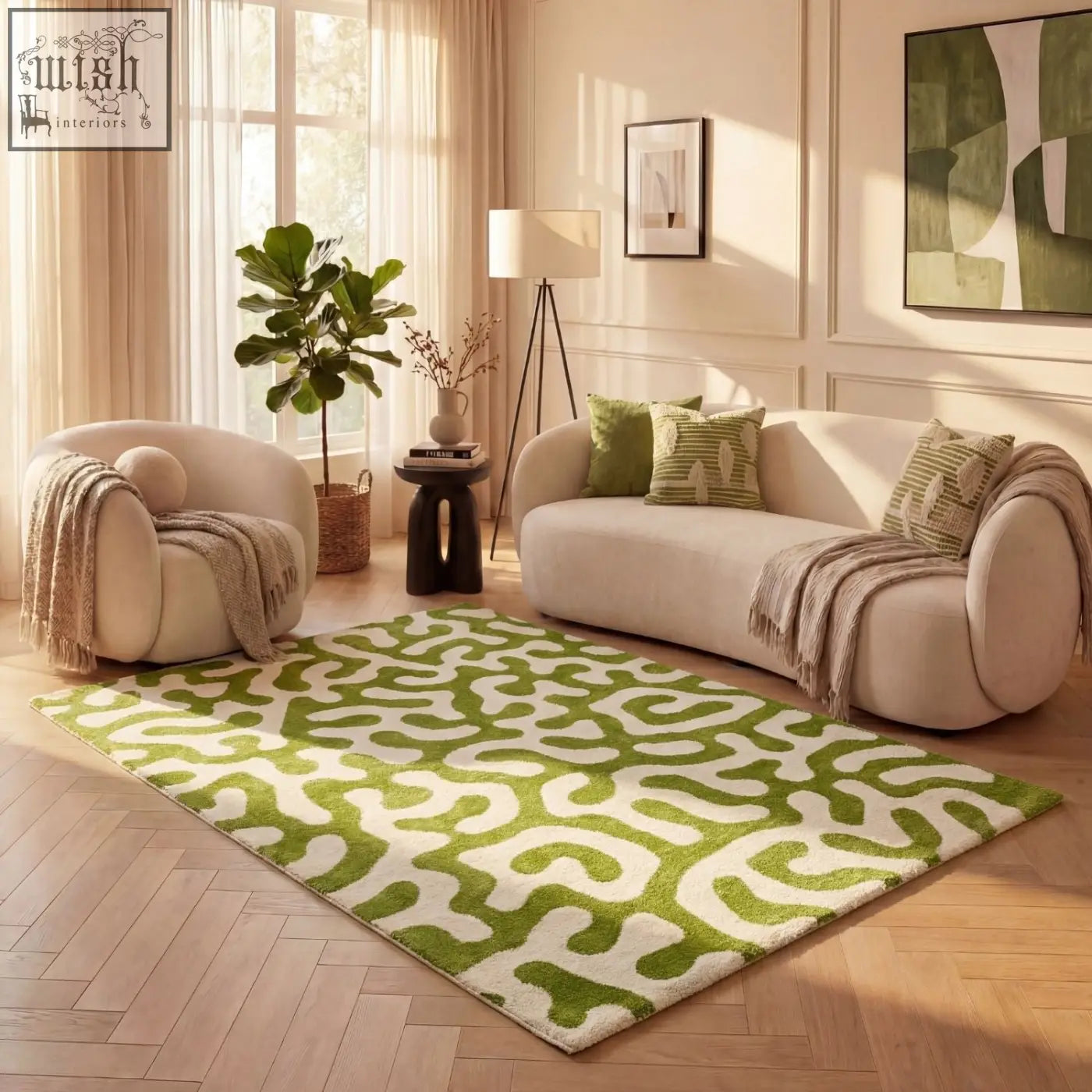 A joli doodle green plush rectangular rug with vibrant lime green and cream abstract wave pattern and soft pile texture