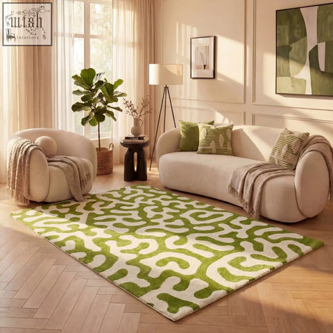 A joli doodle green plush rectangular rug with vibrant lime green and cream abstract wave pattern and soft pile texture