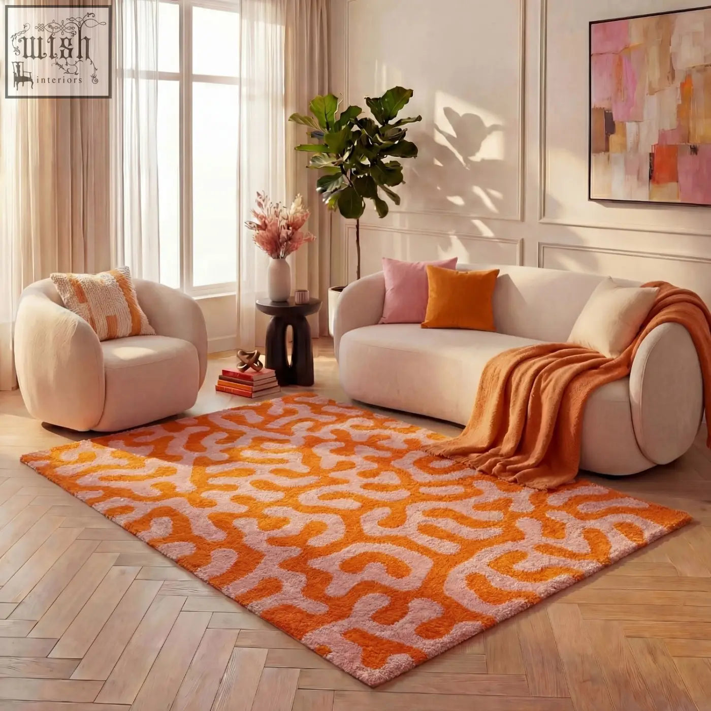 Orange and cream patterned shag rug in joli doodle orange style perfect for cozy living spaces