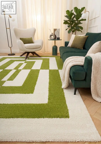 A soft shaggy joli geometric green and white rug with a plush geometric pattern perfect for cozy spaces