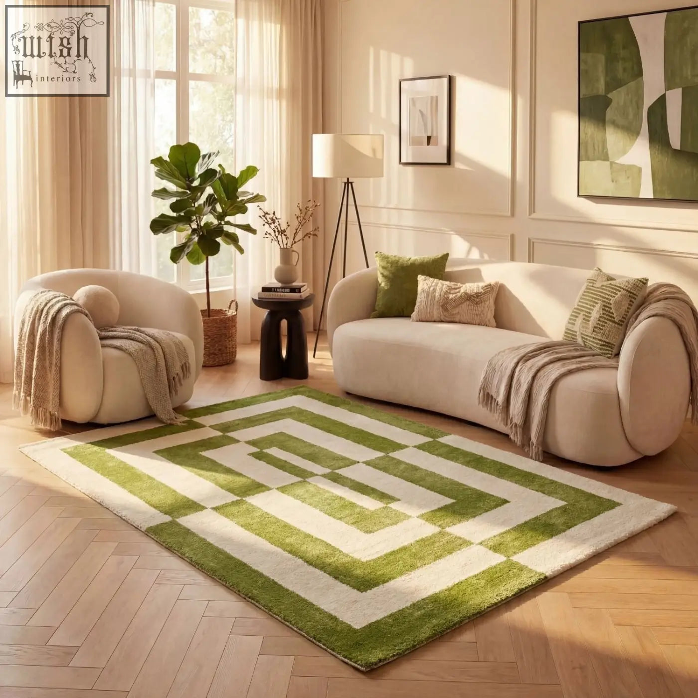A joli geometric green plush rug with bold lime green and cream squares and soft pile texture