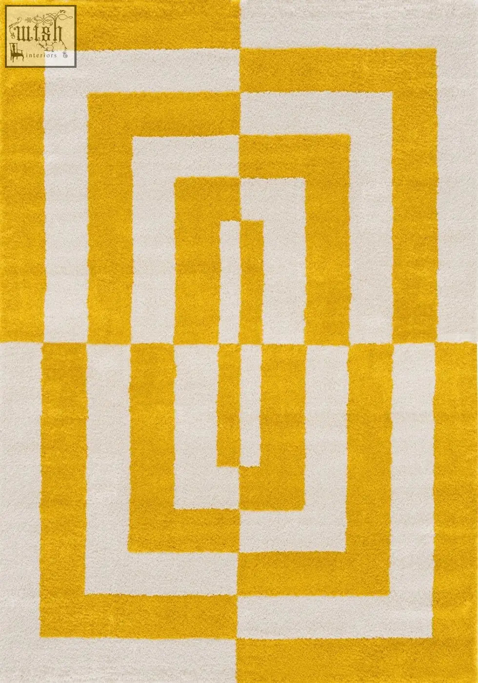 A joli geometric yellow and white rug featuring plush concentric rectangular patterns for a bold floor look
