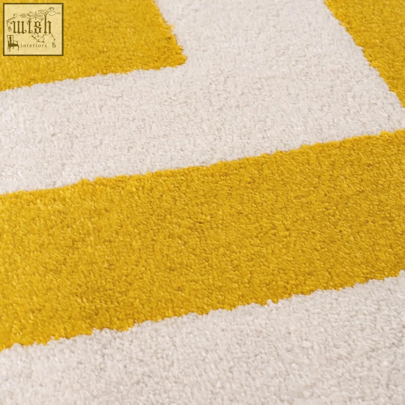 A plush high-pile joli geometric yellow and white rug with bold vibrant stripes perfect for cozy decor
