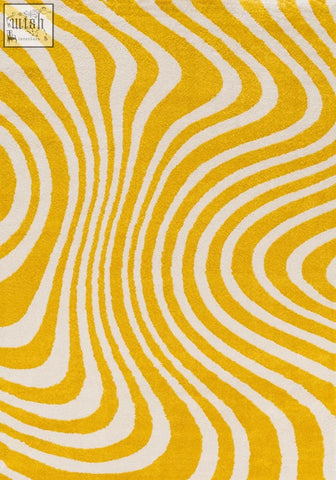 Vibrant joli striped yellow and white rug with wavy modern abstract pattern perfect for stylish home decor