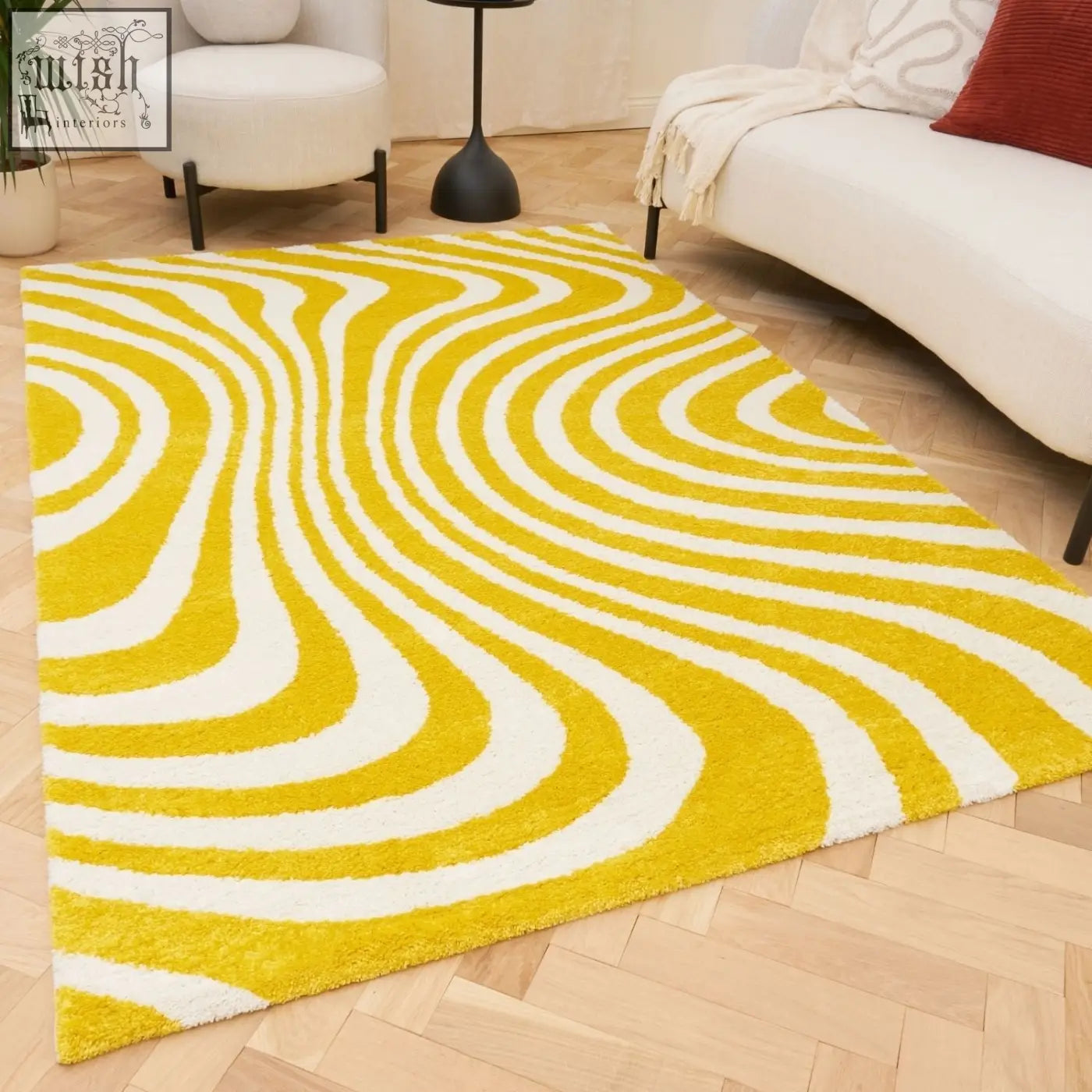 Vibrant joli striped yellow and white area rug with wavy pattern and plush texture for cozy living spaces