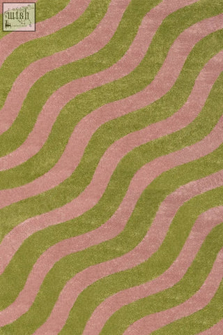 A plush joli wave green and pink rug with bold wavy stripes in soft pink and olive green perfect for cozy spaces