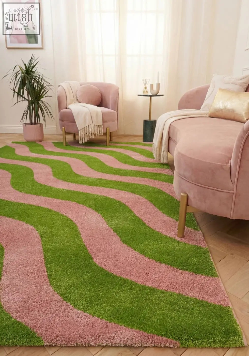 A plush area rug with vibrant green and soft pink wavy stripes in joli wave green design