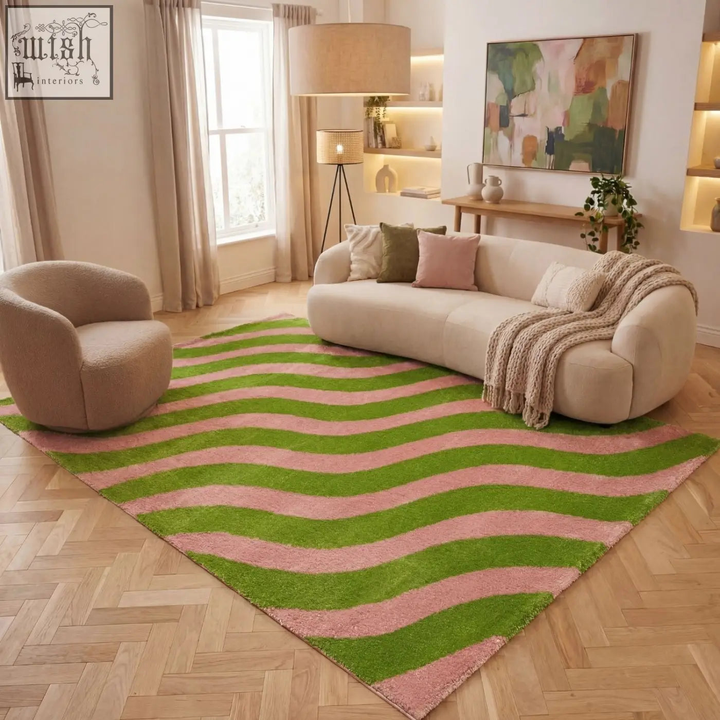 A plush area rug featuring vibrant green and soft pink wavy stripes perfect for stylish home decor joli wave green