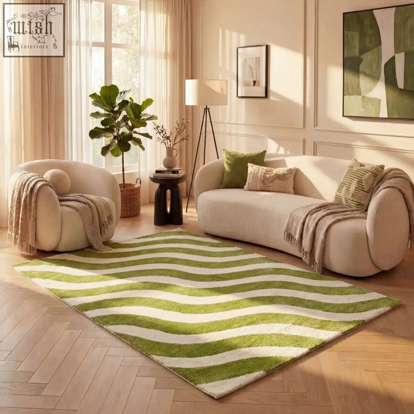 A plush rectangular joli wave green rug with bold wavy stripes in vibrant green and cream colors